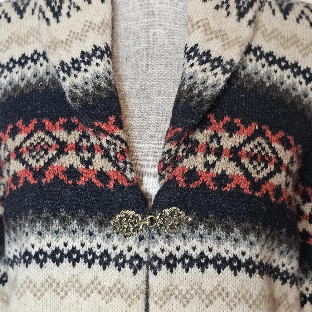 Y2K 100% Wool Cardigan Sweater - Women's Size M - Vintage Aztec Fair Isle Nordic